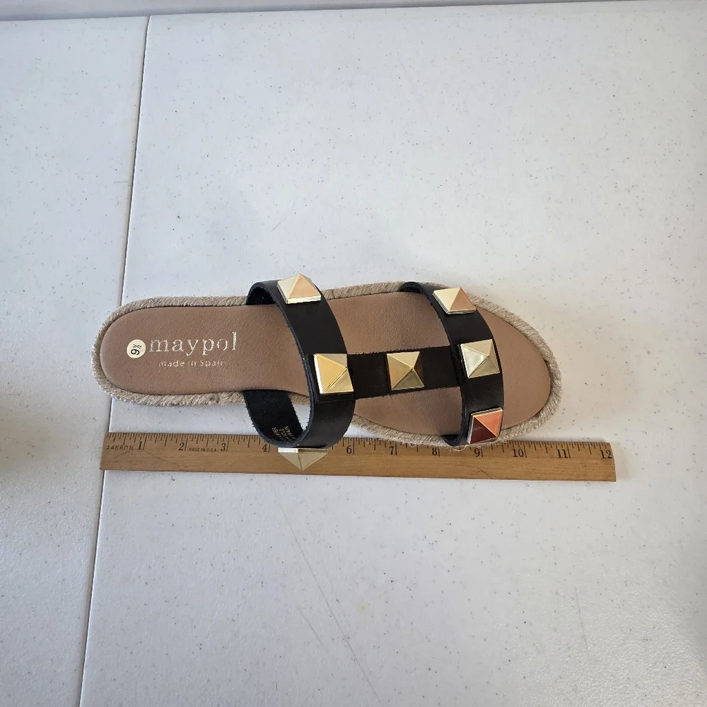 Maypol Raffia Trim Studded Leather Sandal Size 9.5 EU 41 Open Toe Slip-on Summer - Picture 10 of 13